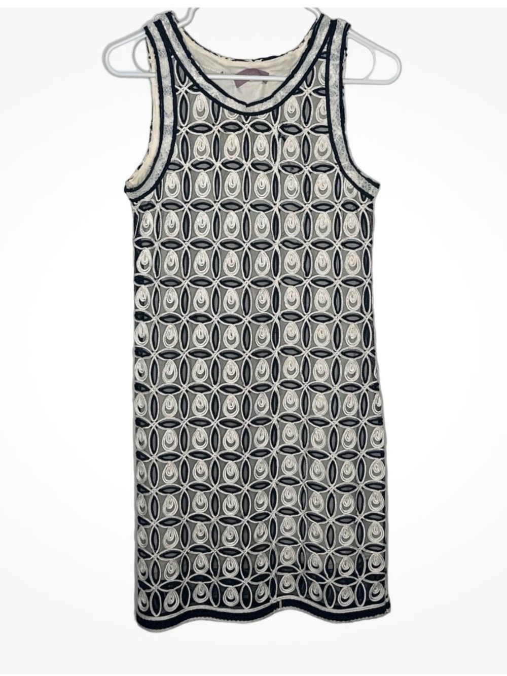 Harper Black and White Sleeveless Midi Dress with Geometric Lace Overlay